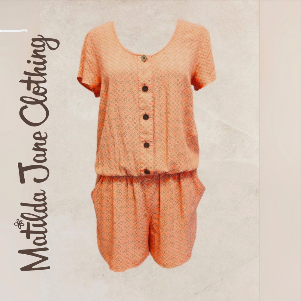Matilda Jane Coral Blue Mixed Design Button Front Romper Size Medium (D25)